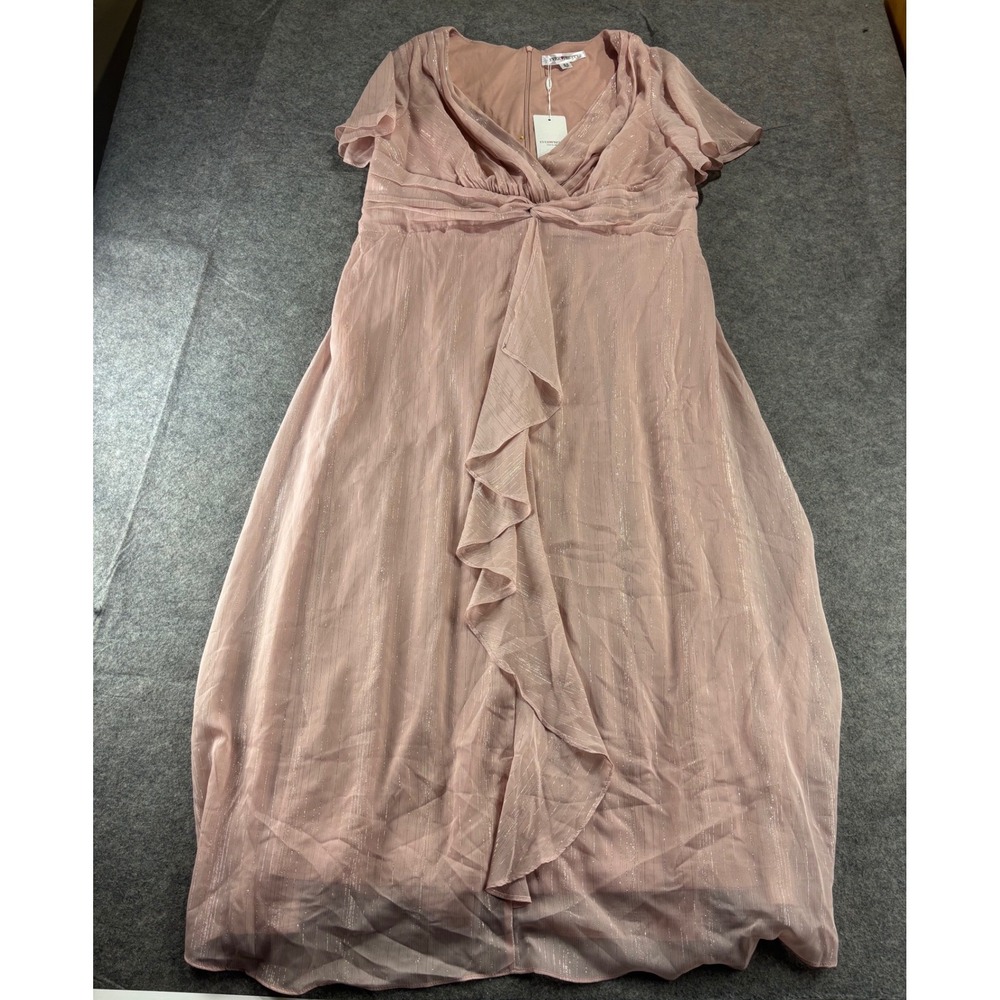 Ever-Pretty Pink Shimmer Ruffle V-Neck Formal Midi Dress Plus Size 18 NWT